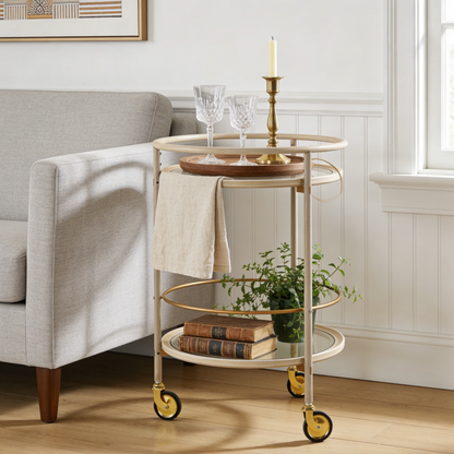 Round Bar Cart with Tempered Glass Shelves and Gold Accents,Distressed White Finish image 1