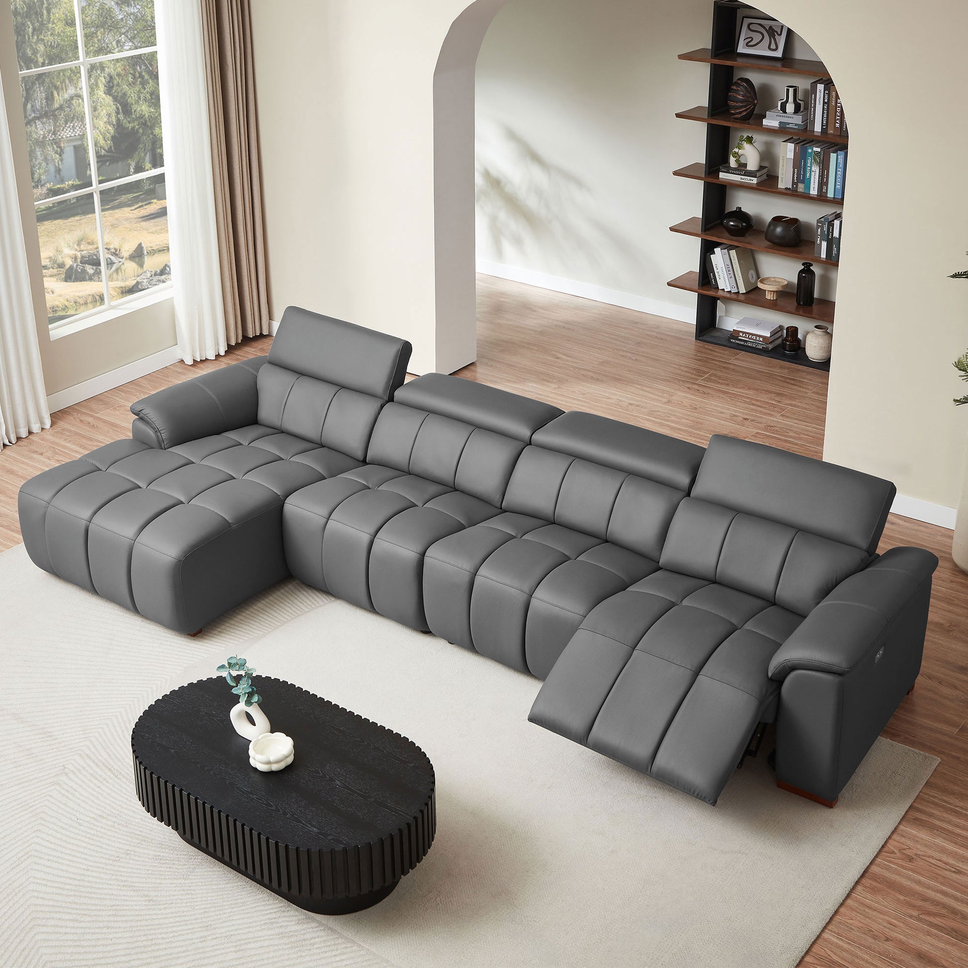 4 Seats Wall-Hugger Reclining Sofa Modern Electric Control Genuine Leather L Shaped Couch,Lounge Seat Theater Seating Furniture with USB Port, Sofa with Headrest & Footrest for Living Room,Apartment image 1