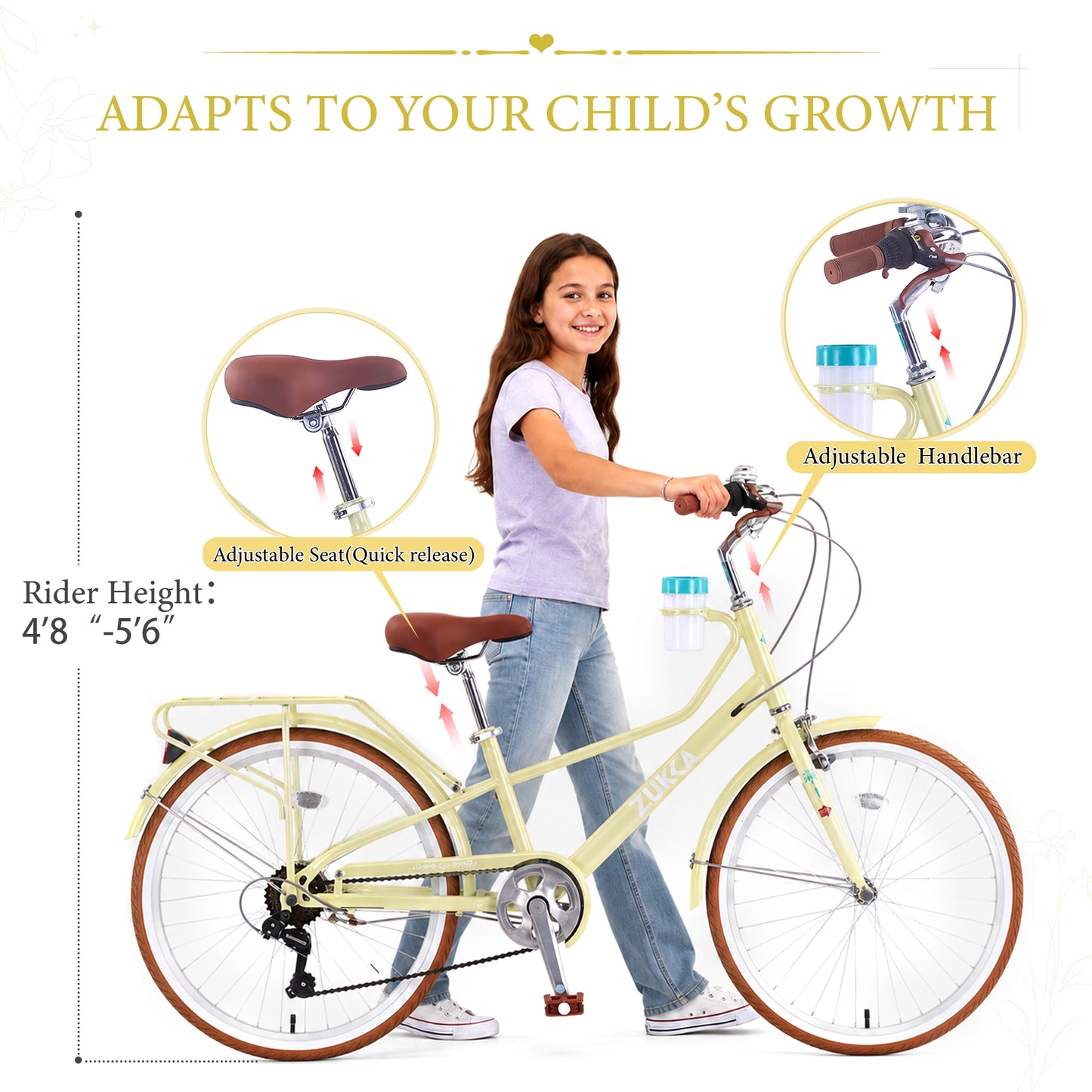24 Inch Women's Cruiser Bike,6 Speed Step-Through Commuter Bicycle with Rear Rack & Cup Holder, Adult City Bike image 2