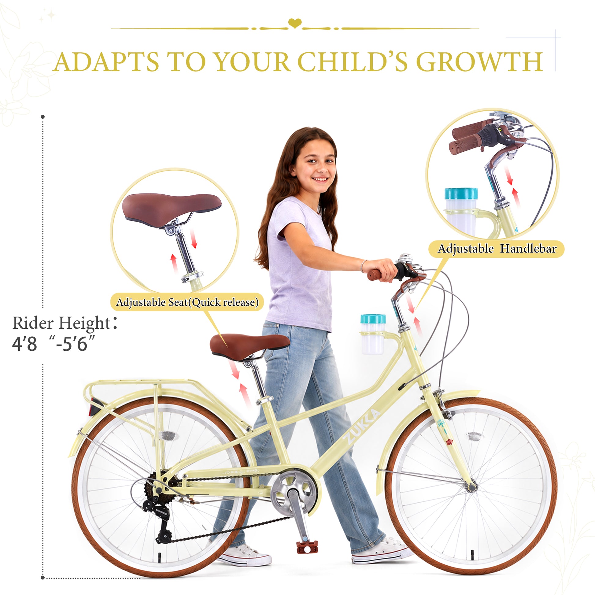 24 Inch Women's Cruiser Bike,6 Speed Step-Through Commuter Bicycle with Rear Rack & Cup Holder, Adult City Bike image 2