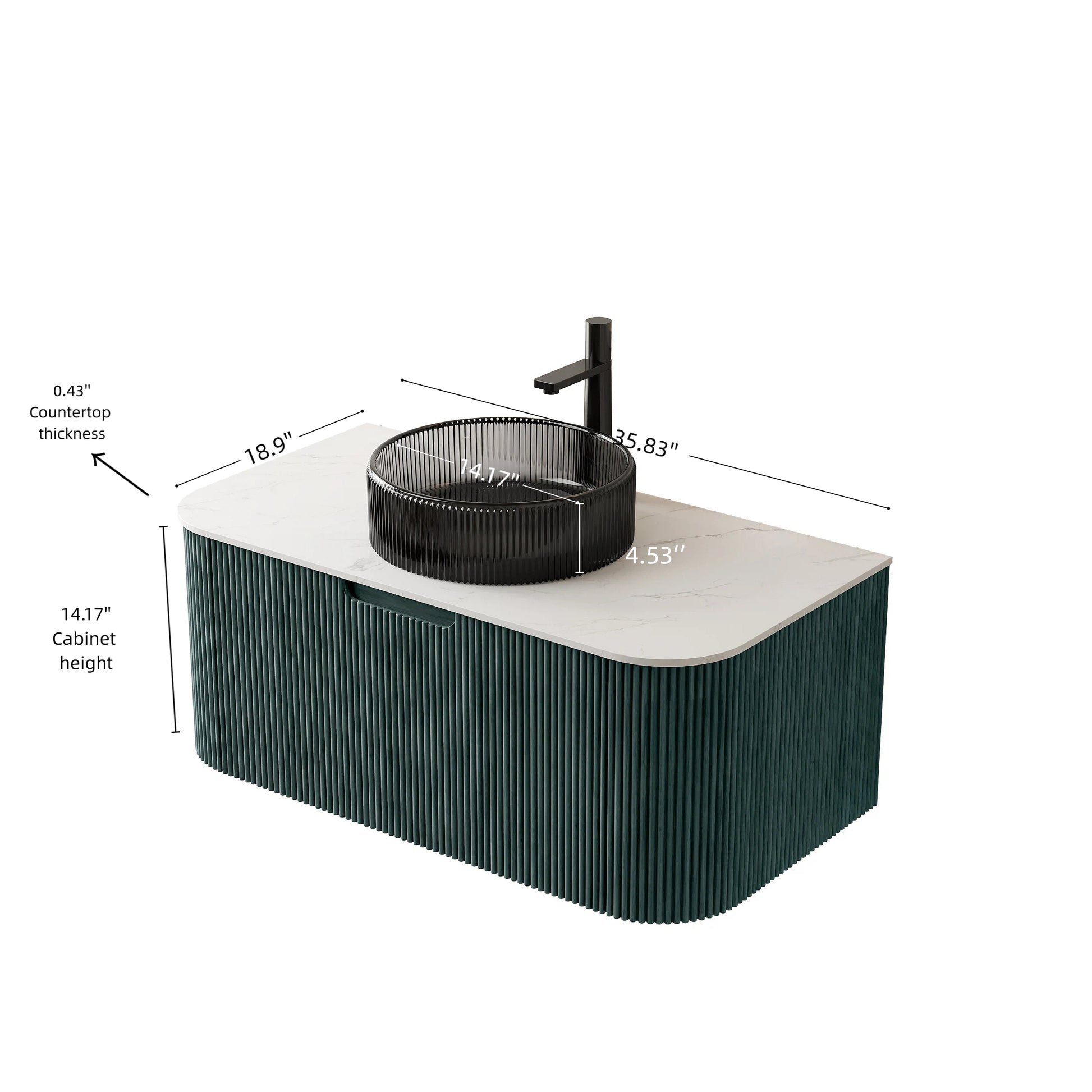 DINA 36" Bathroom Vanity&Sink,Floating Curved Edges Striped Storage Plywood Bathroom Cabinet with Drawer,Transparent Black Round Crystal Glass Basin&Sintered Stone Top,Pre-assembled,Dark Green Color image 5