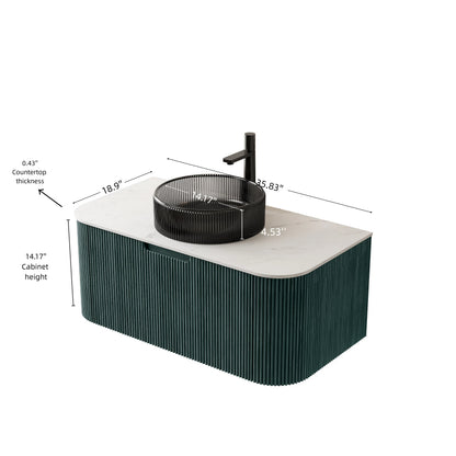 DINA 36" Bathroom Vanity&Sink,Floating Curved Edges Striped Storage Plywood Bathroom Cabinet with Drawer,Transparent Black Round Crystal Glass Basin&Sintered Stone Top,Pre-assembled,Dark Green Color image 5