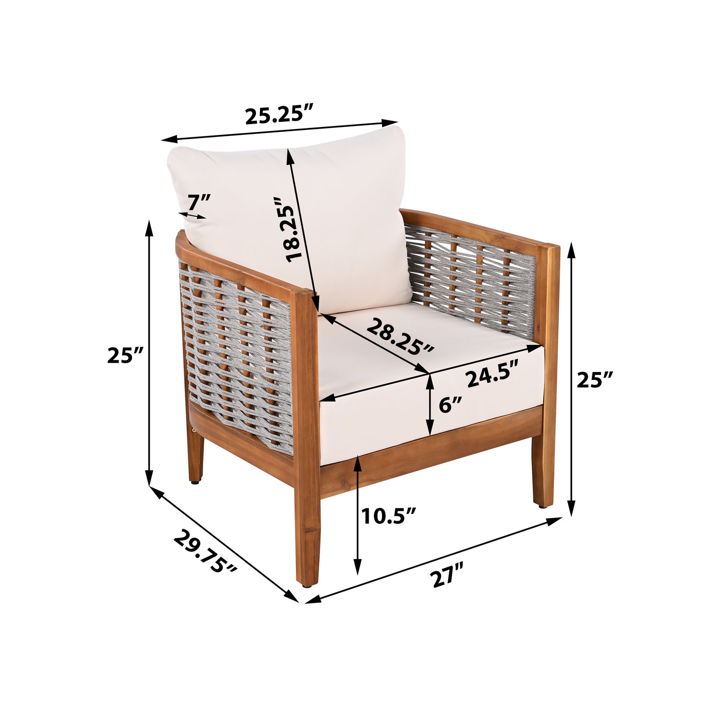 Outdoor Unique Tub Design Armchair with Woven Rope, Patio Furniture Acacia Wood Chair, Deep Seating with Soft Cushions for Porch, Garden, Backyard, Balcony, Teak Finish & Beige Cushion image 4