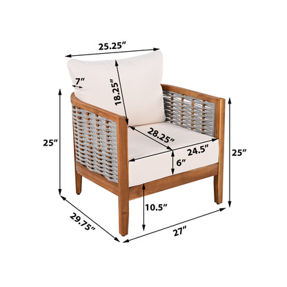 Outdoor Unique Tub Design Armchair with Woven Rope, Patio Furniture Acacia Wood Chair, Deep Seating with Soft Cushions for Porch, Garden, Backyard, Balcony, Teak Finish & Beige Cushion image 4