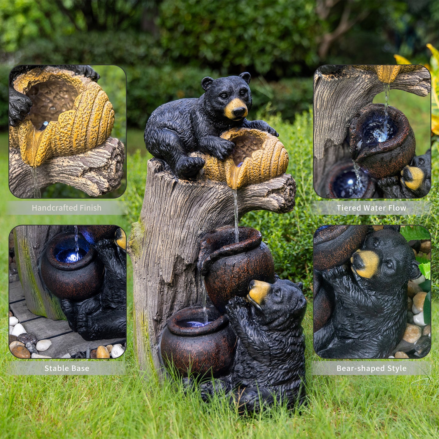 Bear Outdoor Water Fountain with LED Lights Cascading Fountains Outdoor for Patio Yard Balcony 23.62'' Garden Fountains Outdoor and Outdoor Water Fountain Decor image 9