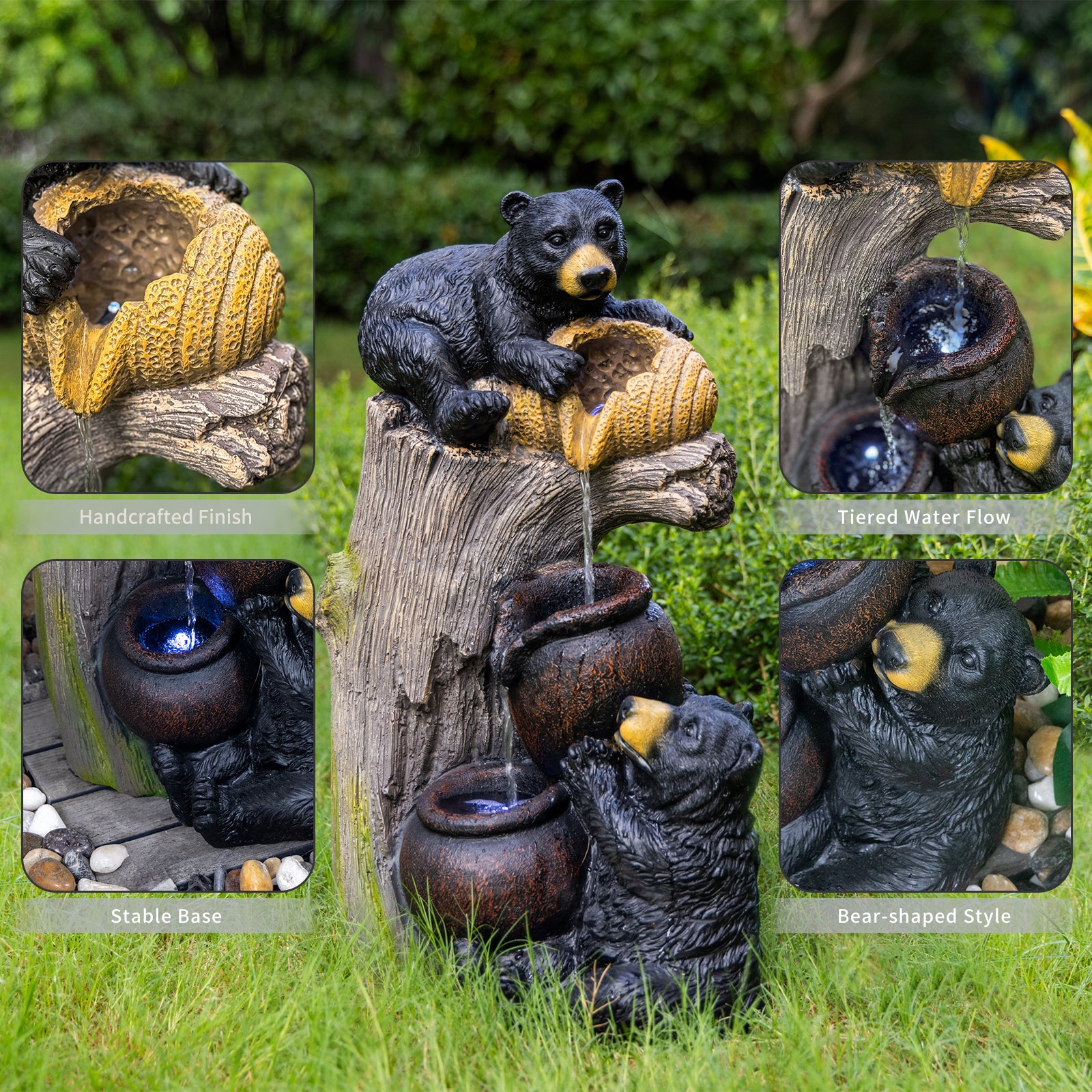 Bear Outdoor Water Fountain with LED Lights Cascading Fountains Outdoor for Patio Yard Balcony 23.62'' Garden Fountains Outdoor and Outdoor Water Fountain Decor image 9