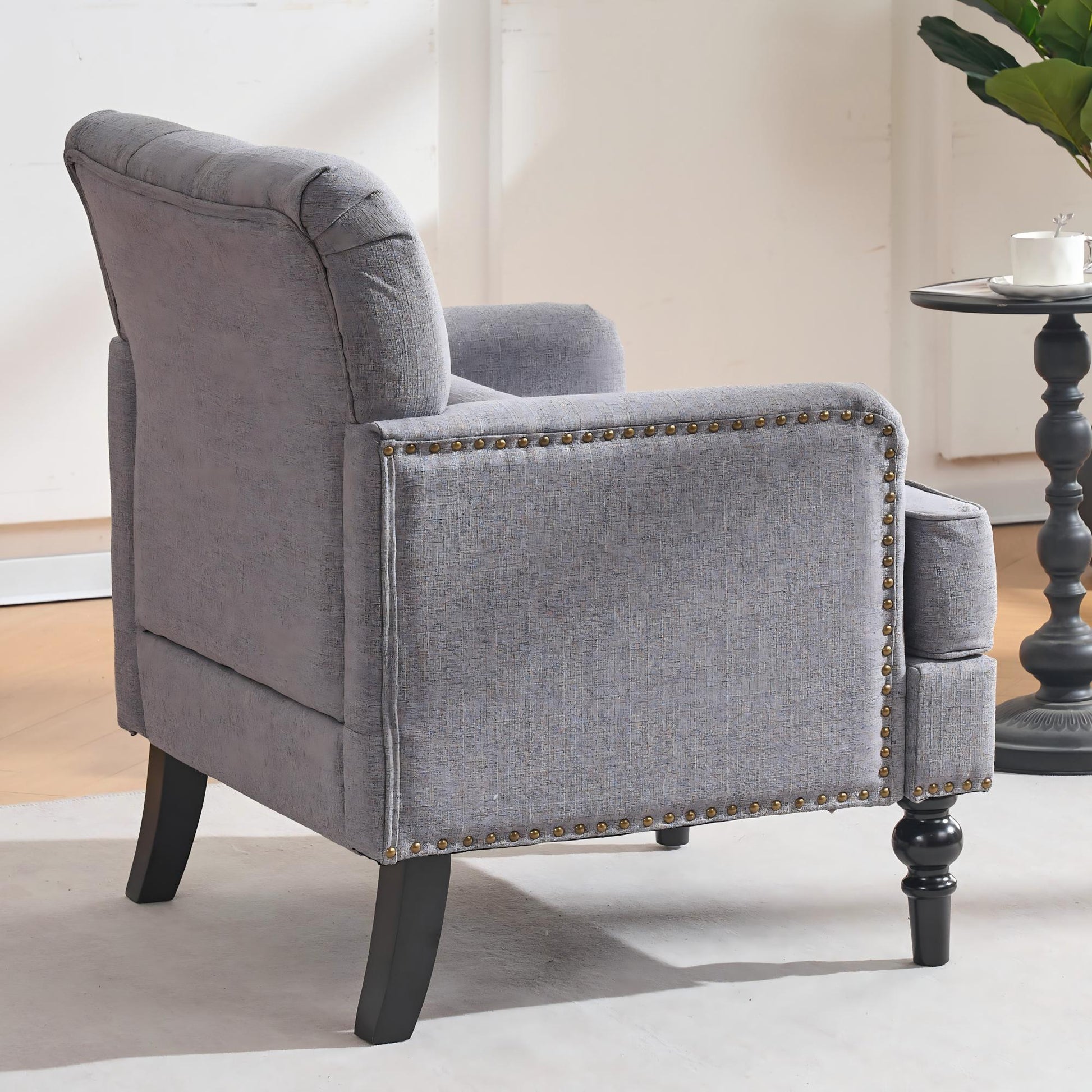Tufted Club Chair with pillow, Accent Chair, Upholstered Button Armchair, Linen Fabric Corduroy Sofa Chairs for Bedroom, Living Room, Mid Century Modern with Studded Reading Chair, Gray image 3