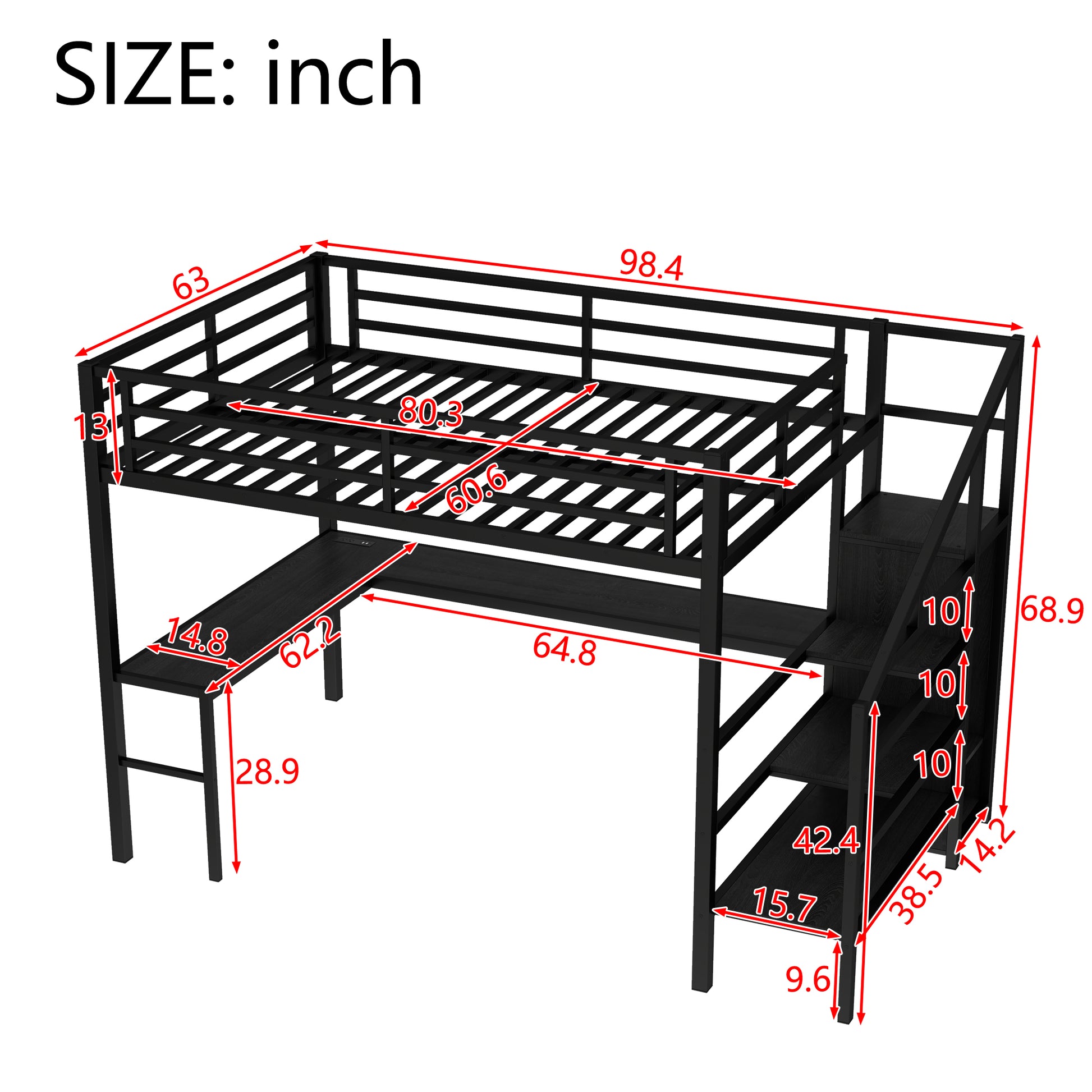 Queen Size Loft Bed with L-shaped Desk and USB, Metal Loft Bed with Wardrobe and Adjustable Shelf, High Loft Bed with LED for Kids Teens Adults, Black image 4