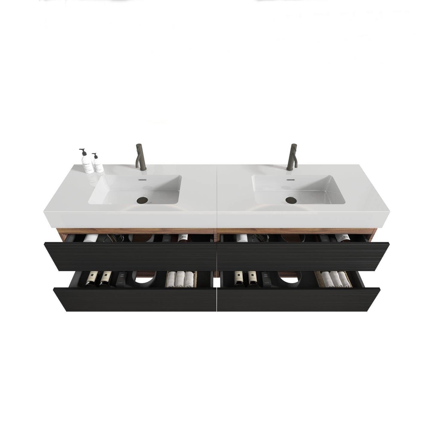 Grace 72''(36Inch*2) Bathroom Vanity with Matt Black Engineered Quartz Sink and Soft Black Drawers, Wall Mounted Floating Bathroom Vanity, One-Piece Glossy White Basin, KD image 7