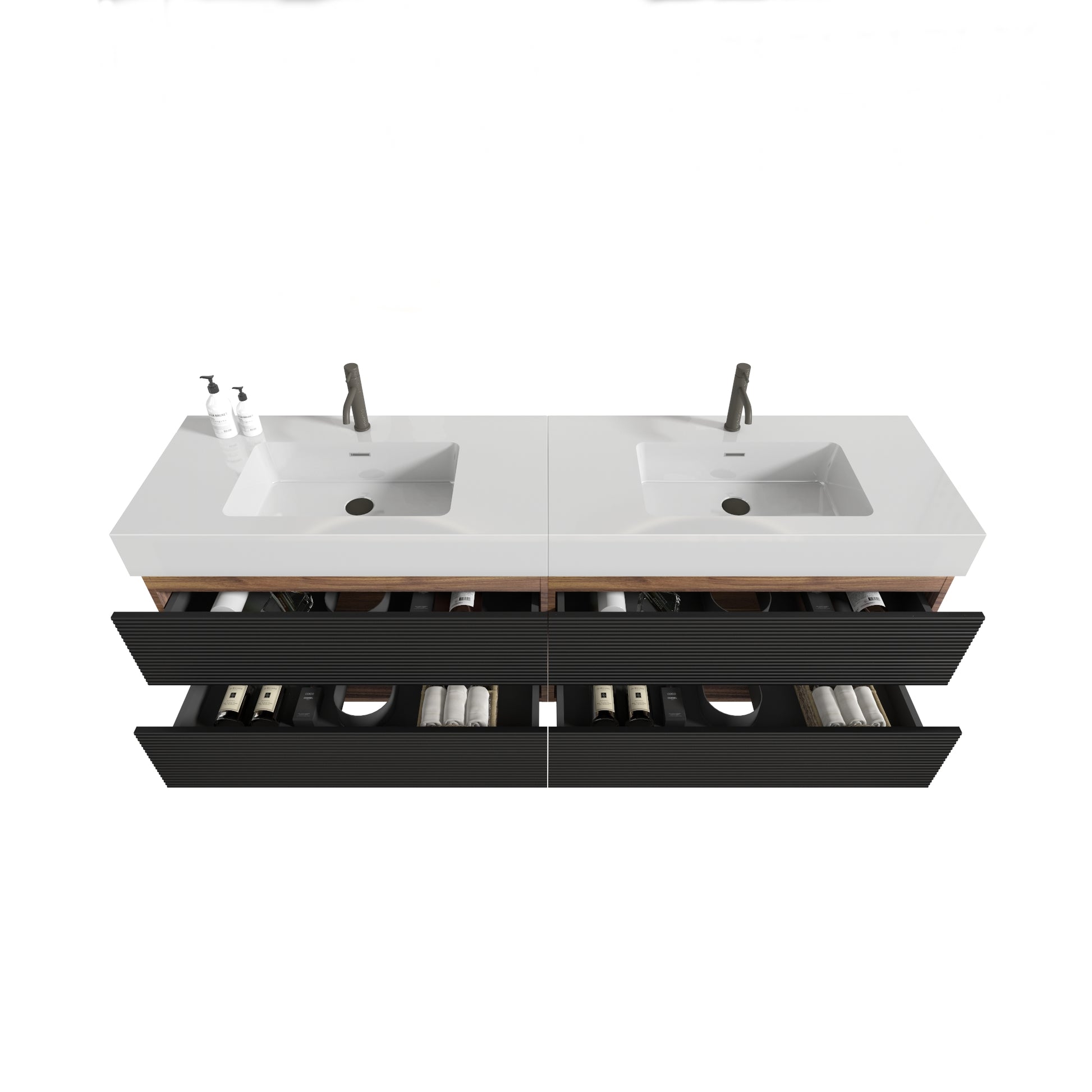 Grace 72''(36Inch*2) Bathroom Vanity with Matt Black Engineered Quartz Sink and Soft Black Drawers, Wall Mounted Floating Bathroom Vanity, One-Piece Glossy White Basin, KD image 7