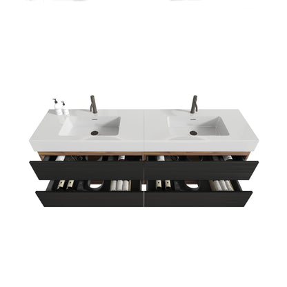 Grace 72''(36Inch*2) Bathroom Vanity with Matt Black Engineered Quartz Sink and Soft Black Drawers, Wall Mounted Floating Bathroom Vanity, One-Piece Glossy White Basin, KD image 7