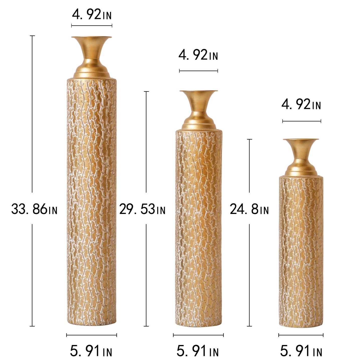 Metal decorative vases High distress metal center vases with growing vine patterns, set of 3 vases for home decoration 34 ", 29 ", 25 "H, gold image 7