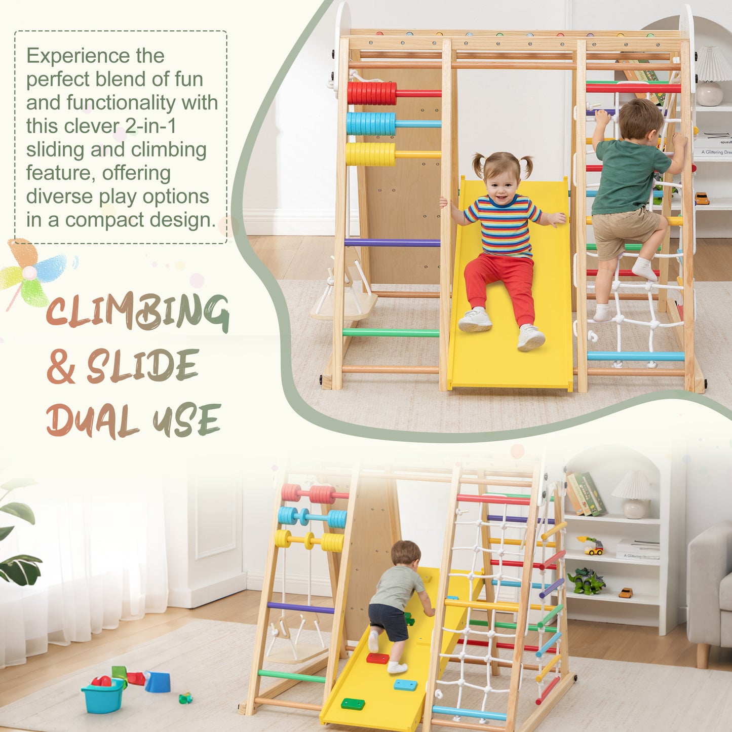 9-in-1 Foldable Kids Climbing Frame & Slide, Wooden Toddler Playground with Swing, Monkey Bars, Climbing Rock, Abacus Game – Indoor Outdoor Playset for Ages 3+, Natural Wood, 176LBS Capacity image 6