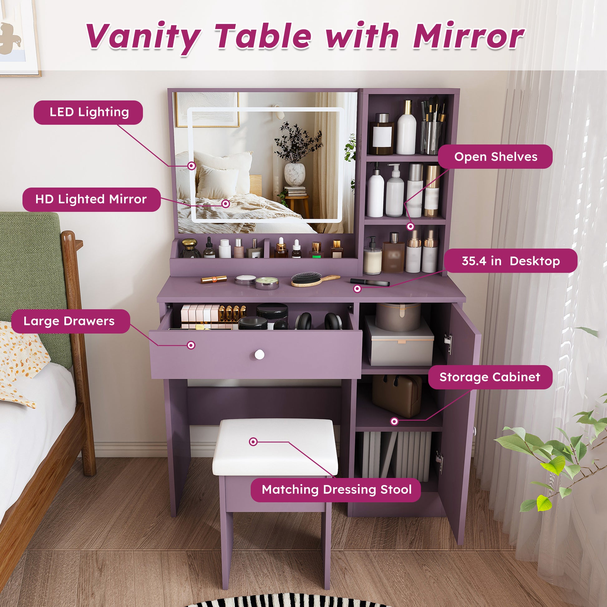Stylish Vanity Desk Set with Padded Stool & Adjustable LED Lighted Mirror (3 Color Modes), Modern Bedroom Makeup Vanity Desk Combo, Purple image 6