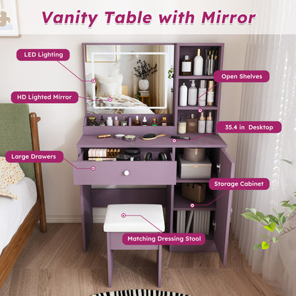 Stylish Vanity Desk Set with Padded Stool & Adjustable LED Lighted Mirror (3 Color Modes), Modern Bedroom Makeup Vanity Desk Combo, Purple image 6