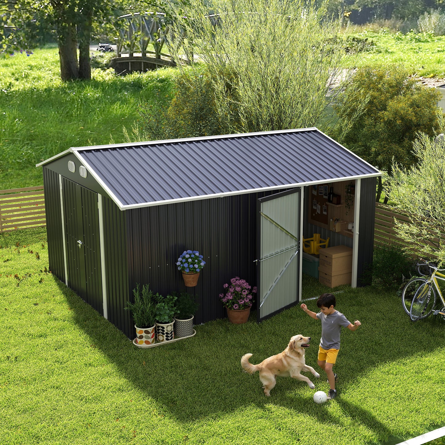 10x12 FT Outdoor Metal Storage Shed, Large Storage Sheds with Sturdy Frame Structure, Metal Garden Tool Shed with Lockable Door for Garden,Gift a foldable flower pot stand, Backyard, Drak gray image 10