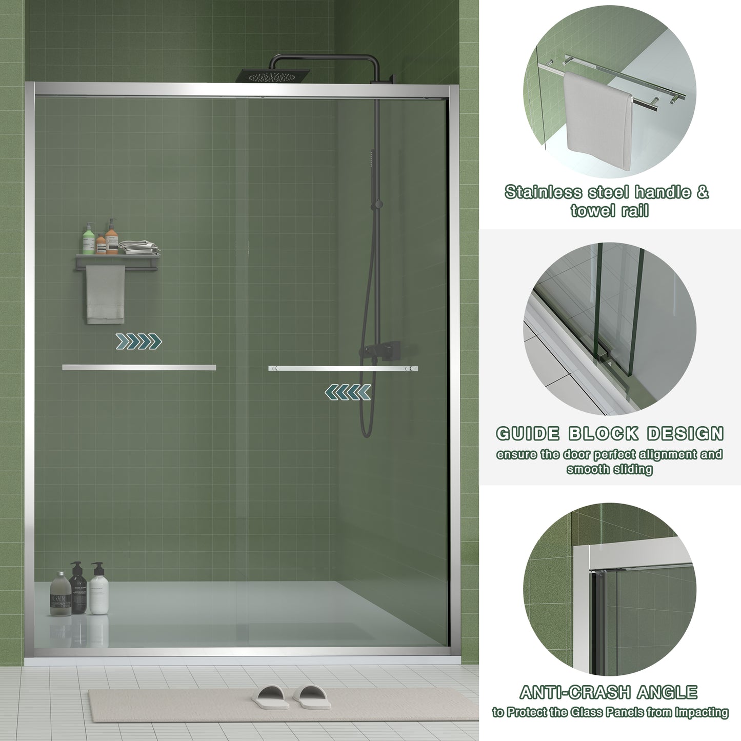 56-60"x70" Aluminum Frame Double Sliding Shower Door,Bypass Bathroom Sliding Door with Premium 5/16" (8mm) Clear Tempered Glass, Chrome Hardware Sliding Glass Shower Enclosure,Chrome Finished image 6