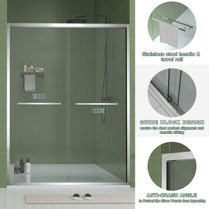 56-60"x70" Aluminum Frame Double Sliding Shower Door,Bypass Bathroom Sliding Door with Premium 5/16" (8mm) Clear Tempered Glass, Chrome Hardware Sliding Glass Shower Enclosure,Chrome Finished image 6