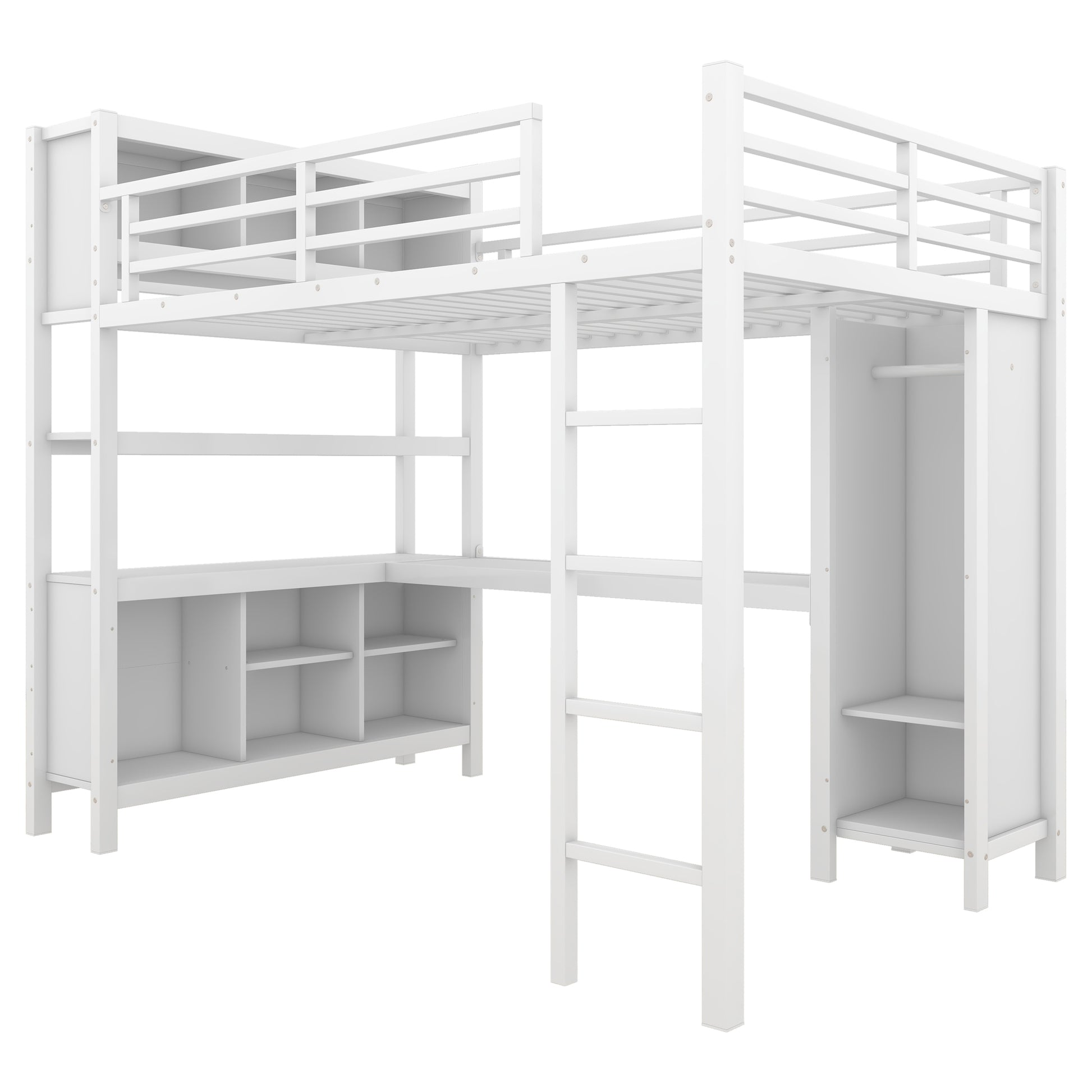 Metal Loft Bed with Wardrobe And L-shaped Desk, Full Size Loft Bed with Storage Cubes and Shelves, Heavy Duty Loft Bed for Kids Teens Adults, White image 10