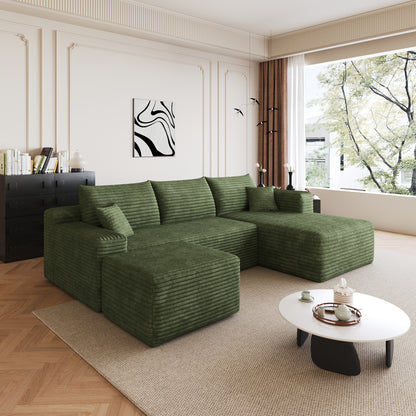 95" Cloud Sectional Sofa with 1 Ottoman,Modern Minimalist Upholstered Couches, Comfort U Shaped Sofa for Living Room,Deep Seat Corner Couch,No Assembly Required,Green((Plush Corduroy Fabric) image 6