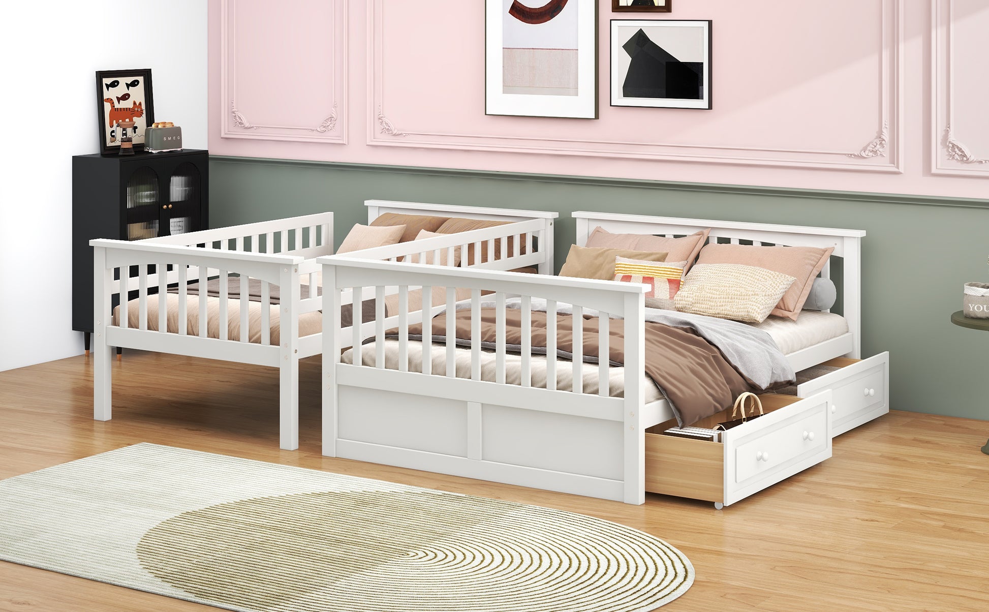 Twin over Full Bunk Bed with Drawers, Convertible Beds, White image 6