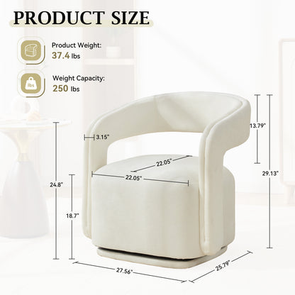065-Chenille Fabric Swivel Accent Armchair, Comfy Barrel Leisure Chair With Curved Backrest, Upholstered Reading Chair With Black Swivel Base, 22-inch large seat depth and width, White image 3