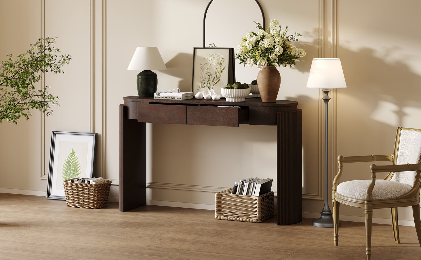 TREXM Entryway Table with Natural Wood Grain Finish, Console Table with Fluted Design, Oval Top and 2 Drawers for Entryway and Living Room (Espresso) image 5