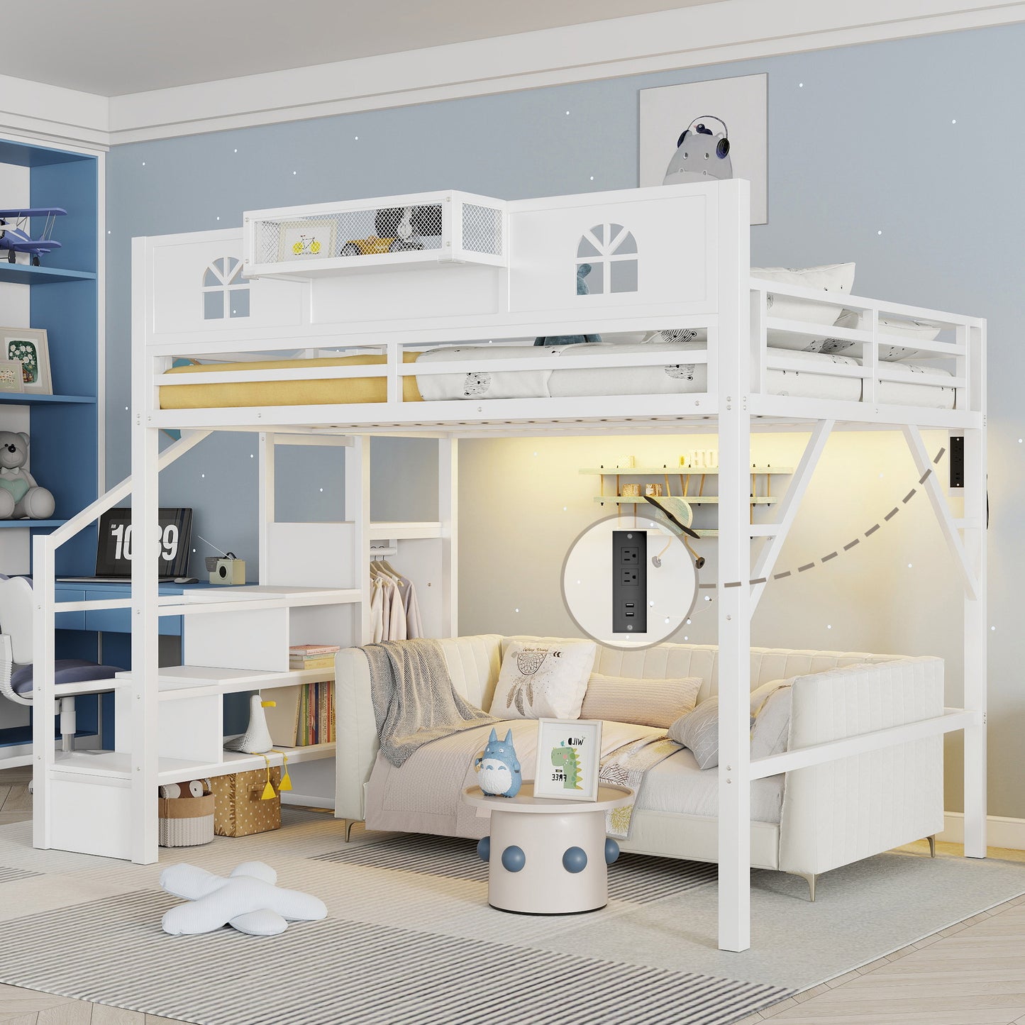 Queen Size Loft Bed with Stairs, Metal Queen Loft Bed with High and House Shaped Guardrails, High Loft Bed with Wardrobe for Kids Teens, White (Old SKU W2593S00038 Expect Arrival Date2026/3/7) image 1