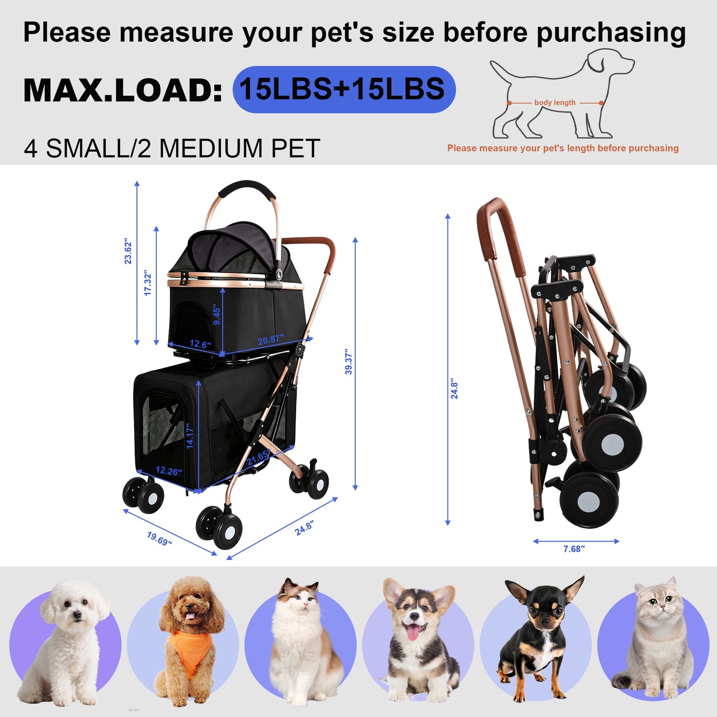 Double Pet Stroller for Dogs and Cats, Foldable Frame, 3-in-1 Convertible Carrier/Tote, Shockproof Wheels, Brake System, Fixed Safety Leashes for Small/Medium Pets in Multi-Pet Homes(Black) image 3