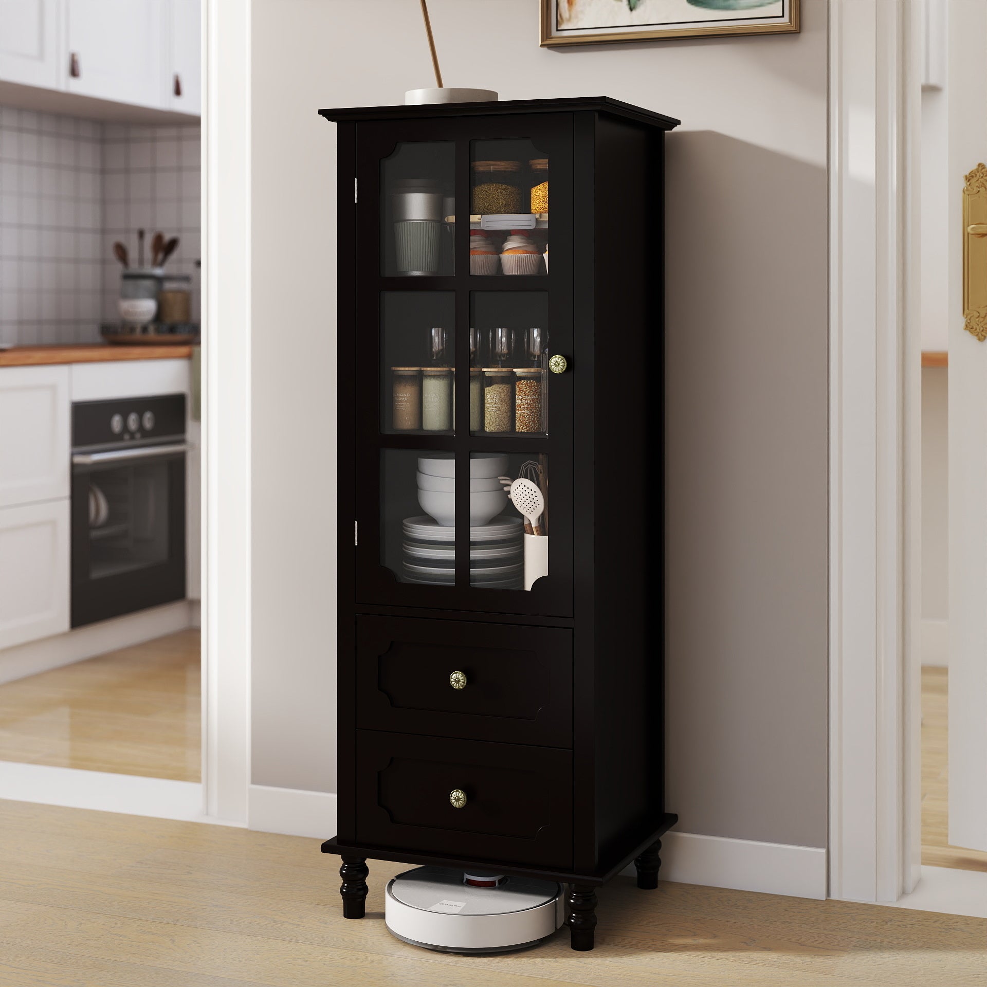 Black Tall Storage Cabinet with Glass Door & 2 Drawers, Narrow Freestanding Sideboard Buffet with Adjustable Shelves, Farmhouse Retro Pantry Cupboard for Dining Room, Living Room, Bathroom, Stud image 8