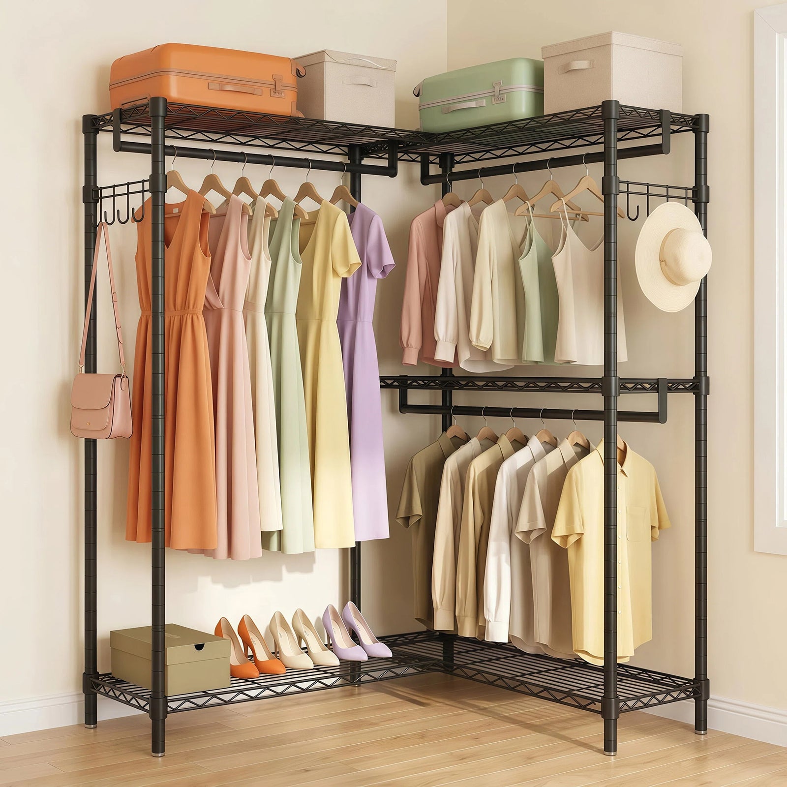 Garment Rack L Shaped Clothes Rack for Corner, Heavy Duty Clothes Rack with 3 Hanging Rods & 2 Side Hooks, Freestanding Clothing Racks for Hanging Clothes, 58.27''Wx 17.13''D*76.38''H, Black image 8