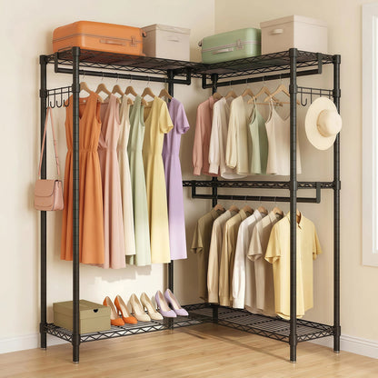 Garment Rack L Shaped Clothes Rack for Corner, Heavy Duty Clothes Rack with 3 Hanging Rods & 2 Side Hooks, Freestanding Clothing Racks for Hanging Clothes, 58.27''Wx 17.13''D*76.38''H, Black image 8