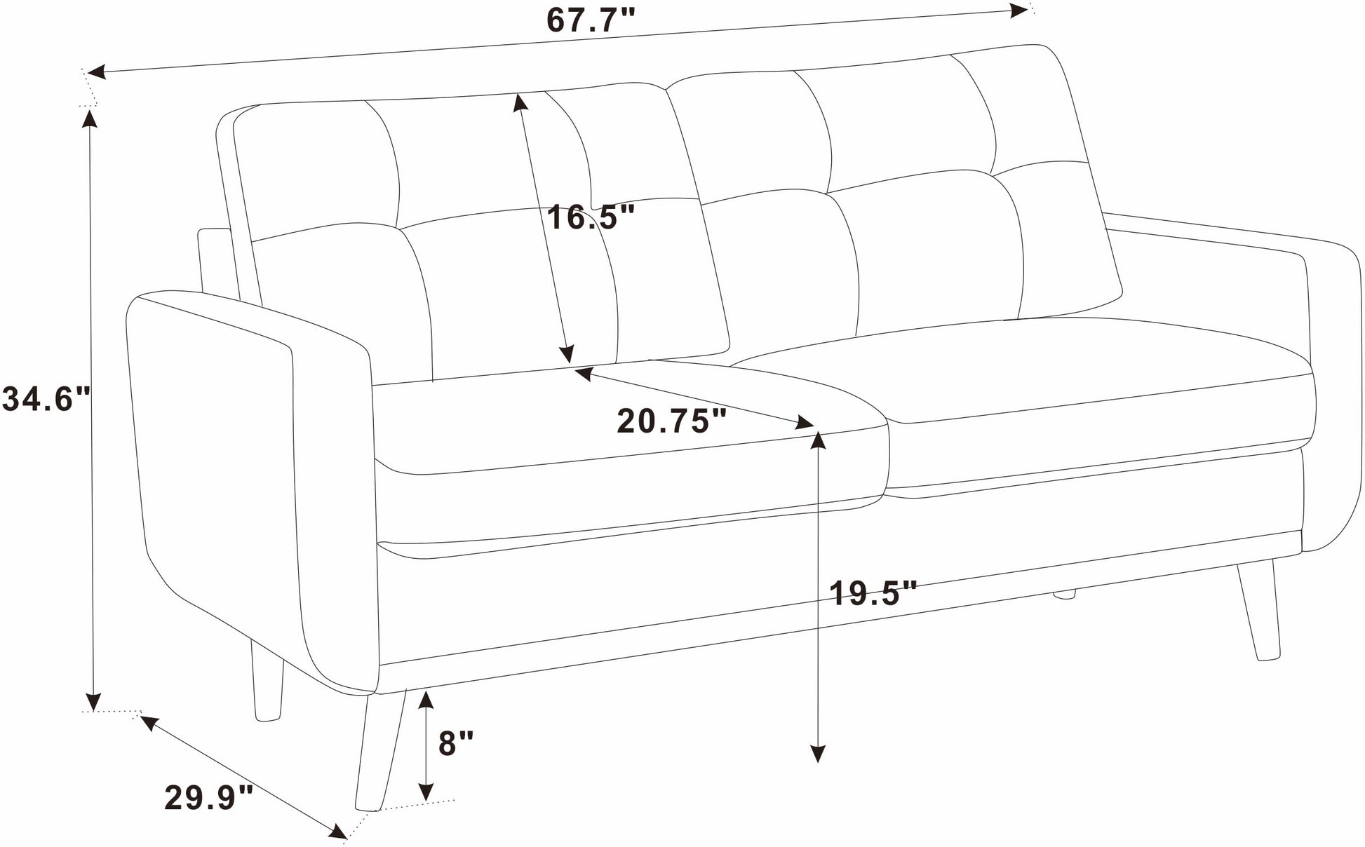 67.7" Wide Mid-Century Modern Upholstered Tufted Loveseat Sofa With Wooden Legs image 8
