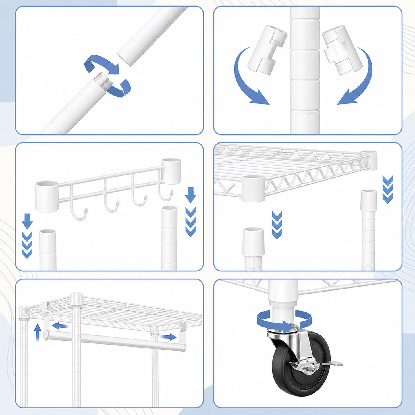 Heavy Duty Rolling Garment Rack 3 Tiers Adjustable Wire Shelving Clothes Rack with Rods and Side Hooks,Storage Closet Clothing Rack with Wheels White 15.7" D x 29.5" W x 74.5" H image 7
