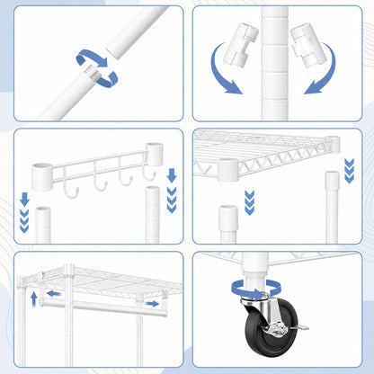 Heavy Duty Rolling Garment Rack 3 Tiers Adjustable Wire Shelving Clothes Rack with Rods and Side Hooks,Storage Closet Clothing Rack with Wheels White 15.7" D x 29.5" W x 74.5" H image 7