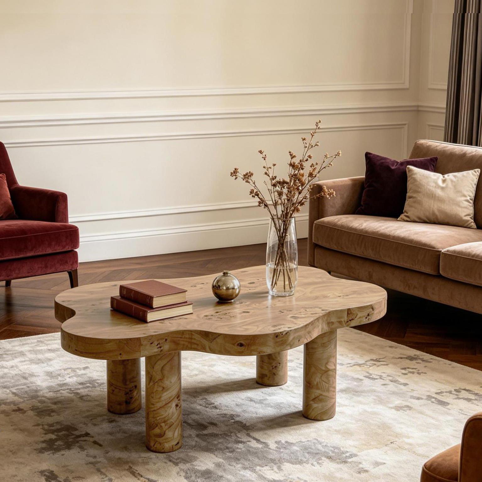 40'' Burl Cloud Coffee Table with 4 Round Legs, Low Profile Modern Coffee Table, Unique Irregular Center Table for Living Room, Apartment, Natural Color image 6