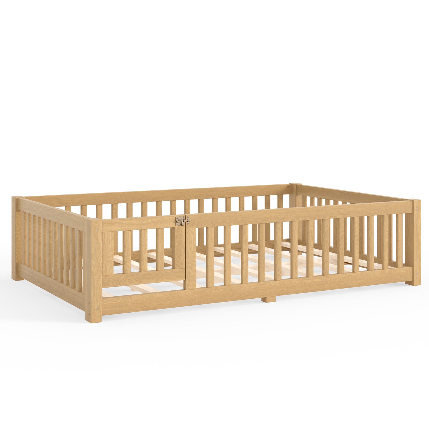 Full Size Bed Floor Bed with Safety Guardrails and Door for Kids, Natural image 8
