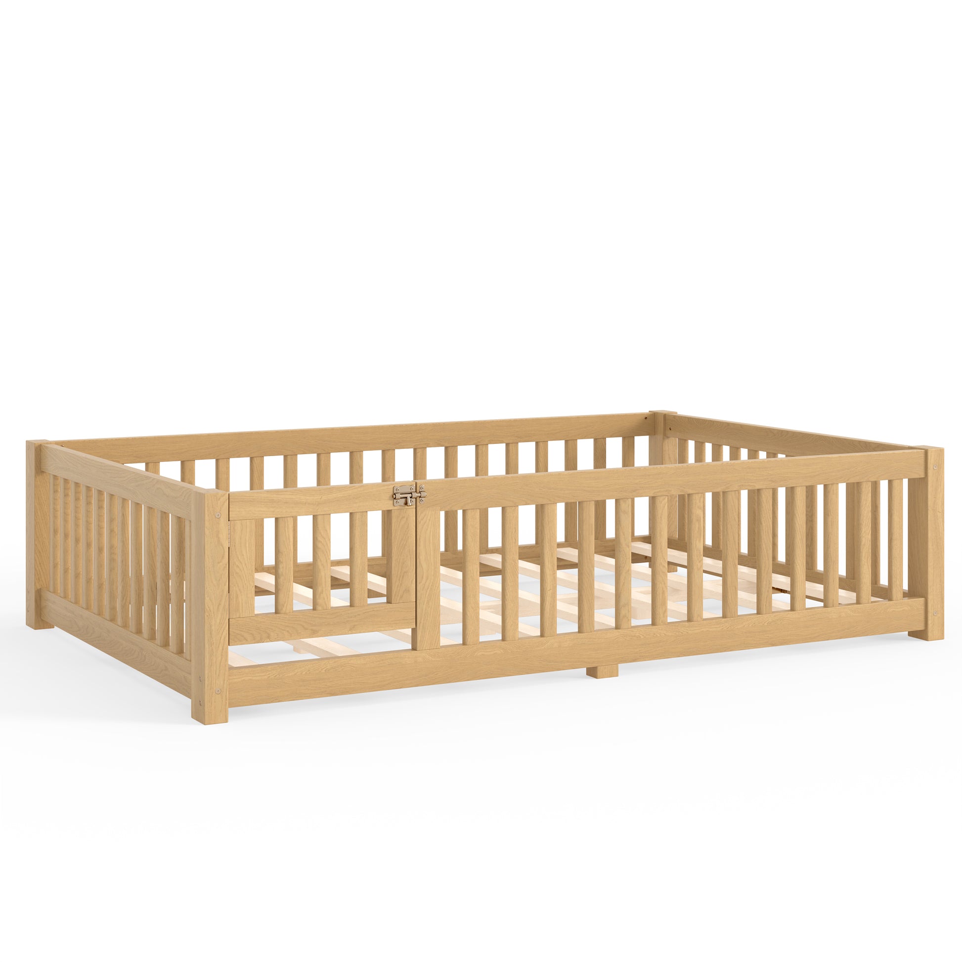 Full Size Bed Floor Bed with Safety Guardrails and Door for Kids, Natural image 8