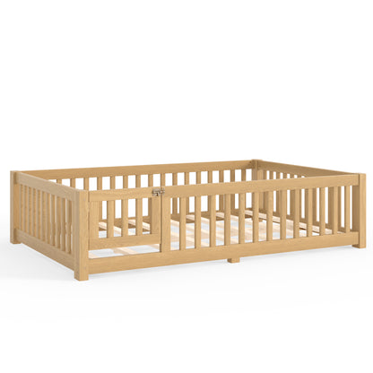 Full Size Bed Floor Bed with Safety Guardrails and Door for Kids, Natural image 8