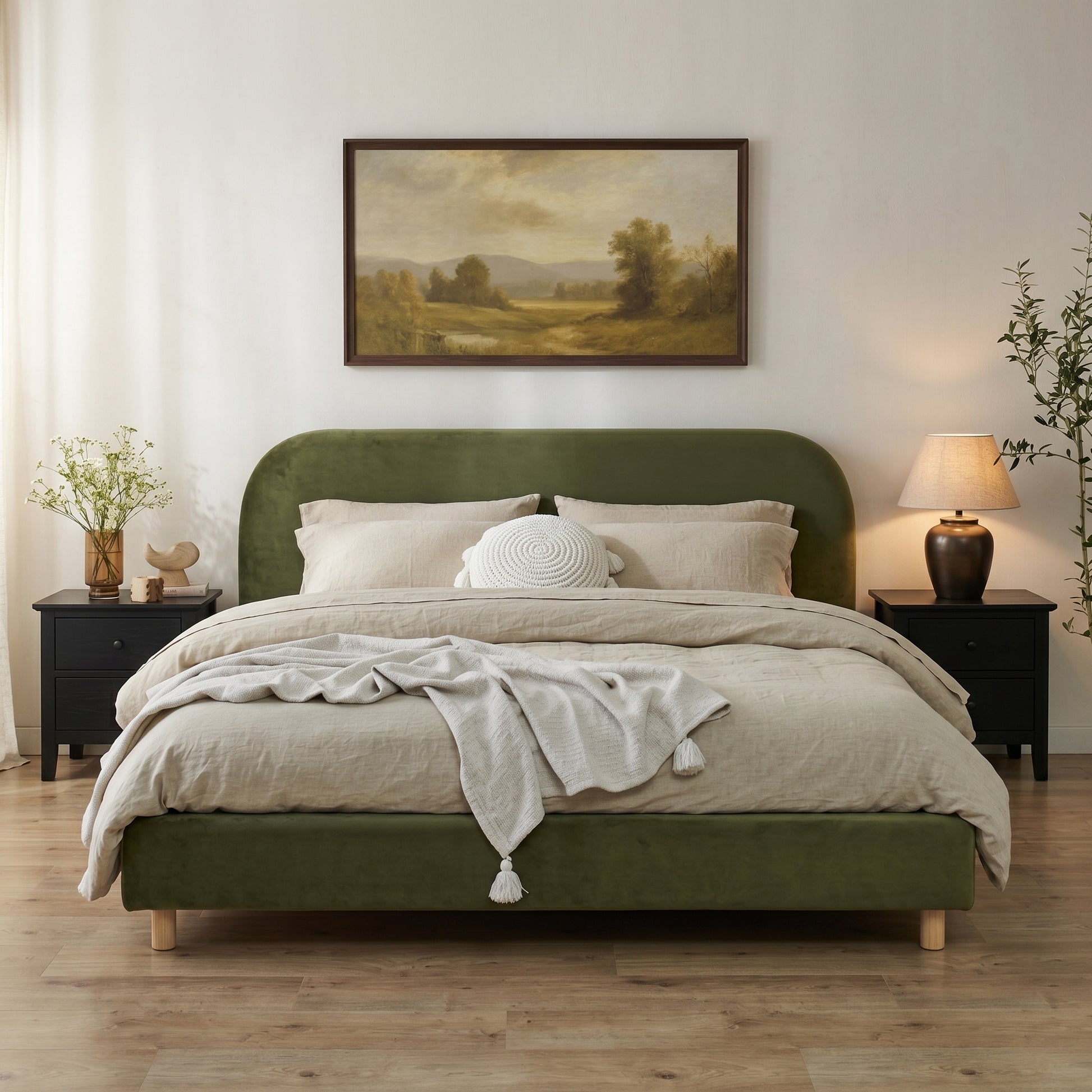 California King Size Upholstered Bed Frame With Velvet Fabric And Curve Design Thick Headboard, Solid Wood Legs, Olive Green image 1