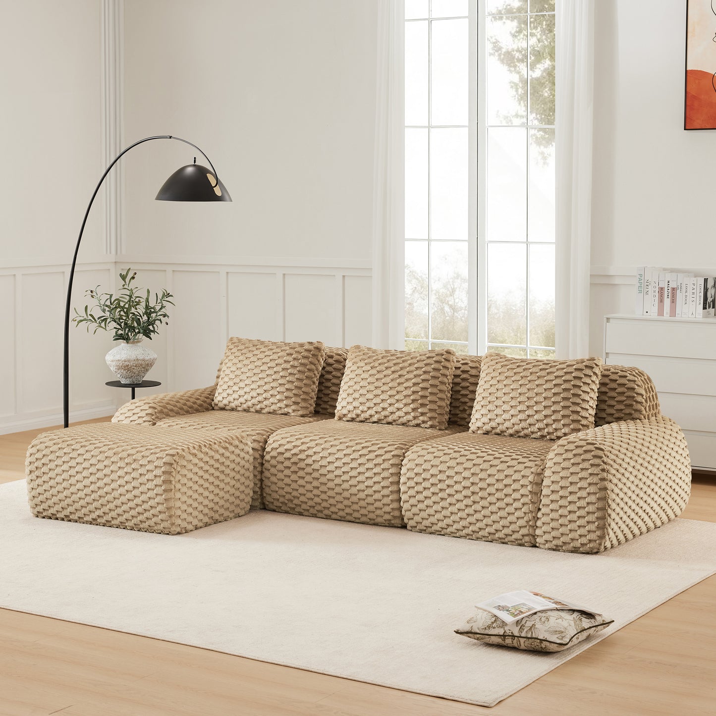 114" Modern L-Shaped Modular Sectional Sofa for Living Room,Flannelette Fabric,Oversized 3-Seater Couch,boneless sofa,Movable Ottoman,Buckle connection,Anti-slip Design,No Assembly,Light Camel image 1
