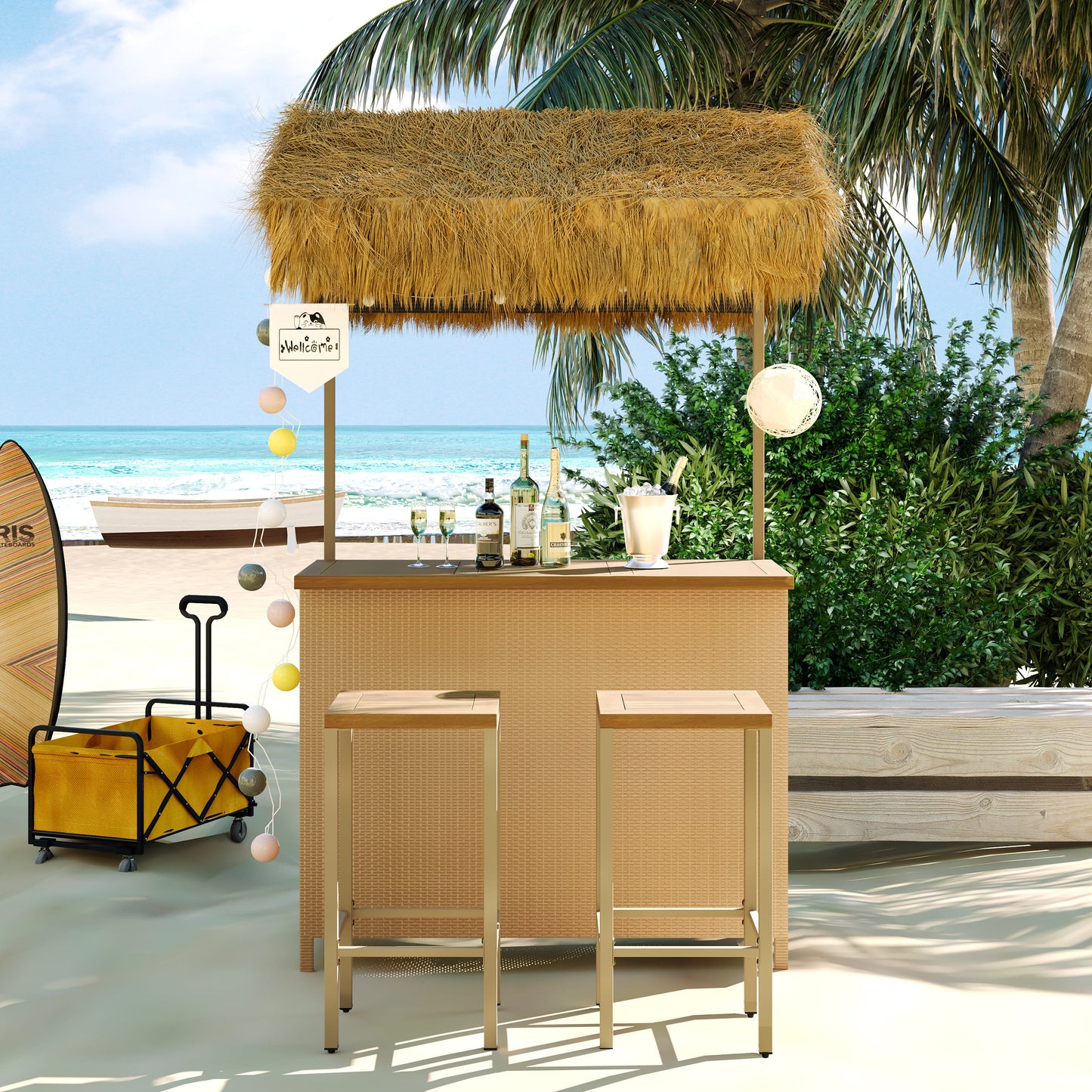 GO Hawaiian-style Bar Height Patio Set with PE Grass Canopy, Outdoor Bar Table and Stools with Adjustable Feet, Acacia Wood Top, for Dining and Drinking, Natural image 2