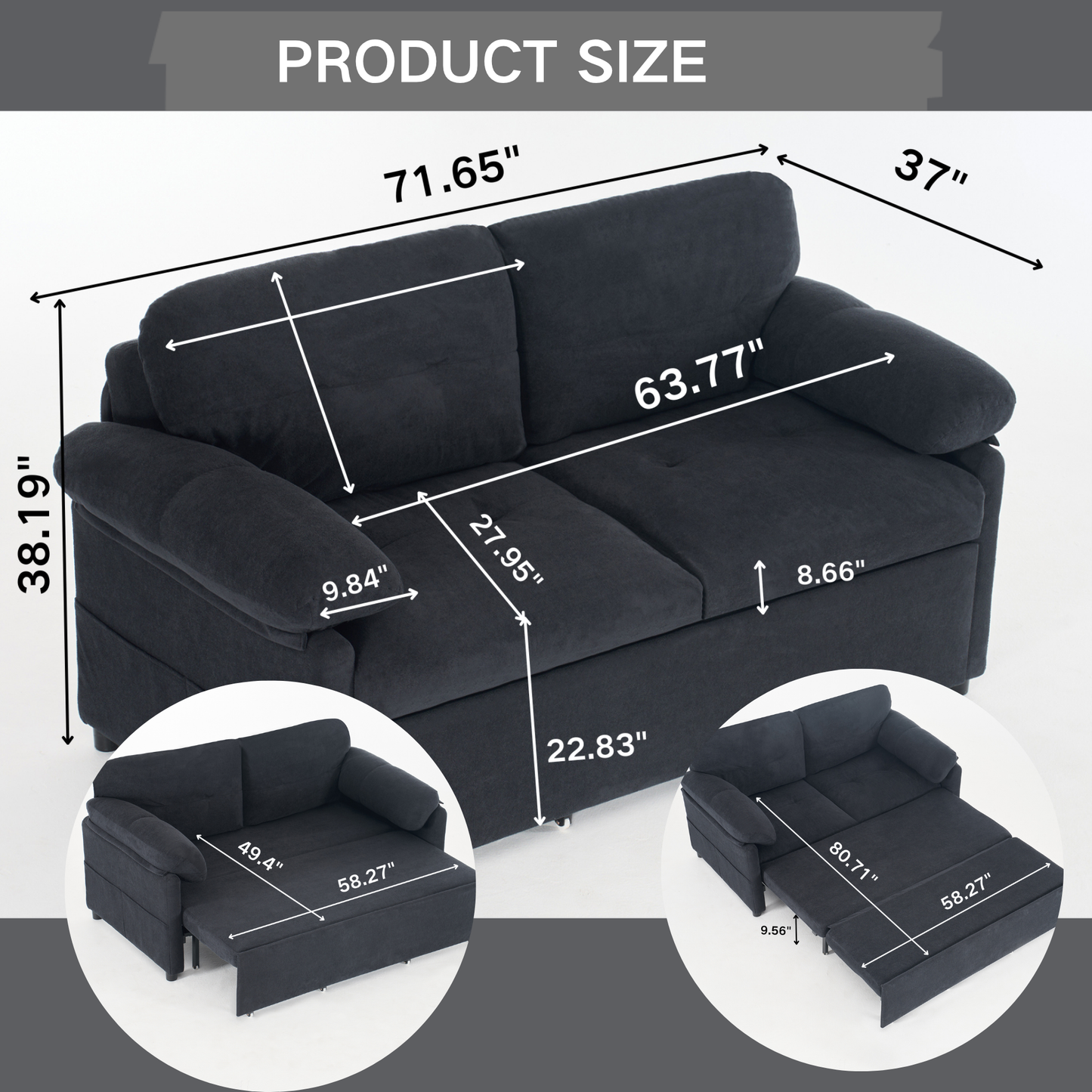 Convertible Pull Out Sofa Bed Queen Size, 3-in-1 Convertible Sleeper Couch with Thicked Cushions and Side Storage,Multi-Functional chenille Loveseat Sofa for Living Room,Bedroom,Apartment,Office,Black image 2