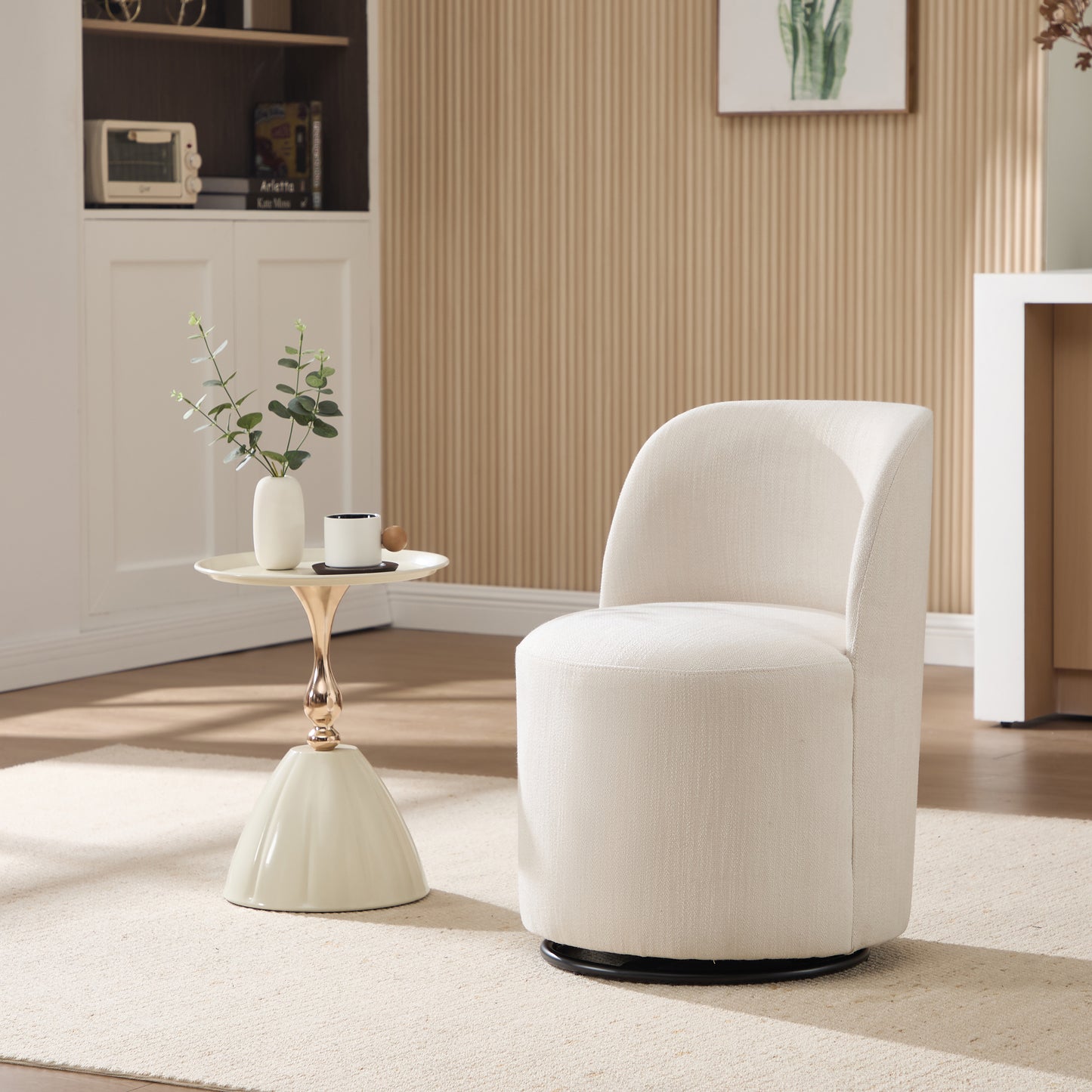 Set Of 1 Upholstered Kitchen & Dining Room Barrel Chair, Mid Century Modern Round Linen Dining Chair, 360 Degree Swivel Comfy Armless Accent Makeup Vanity Side Chair for Bedroom Living Room image 1