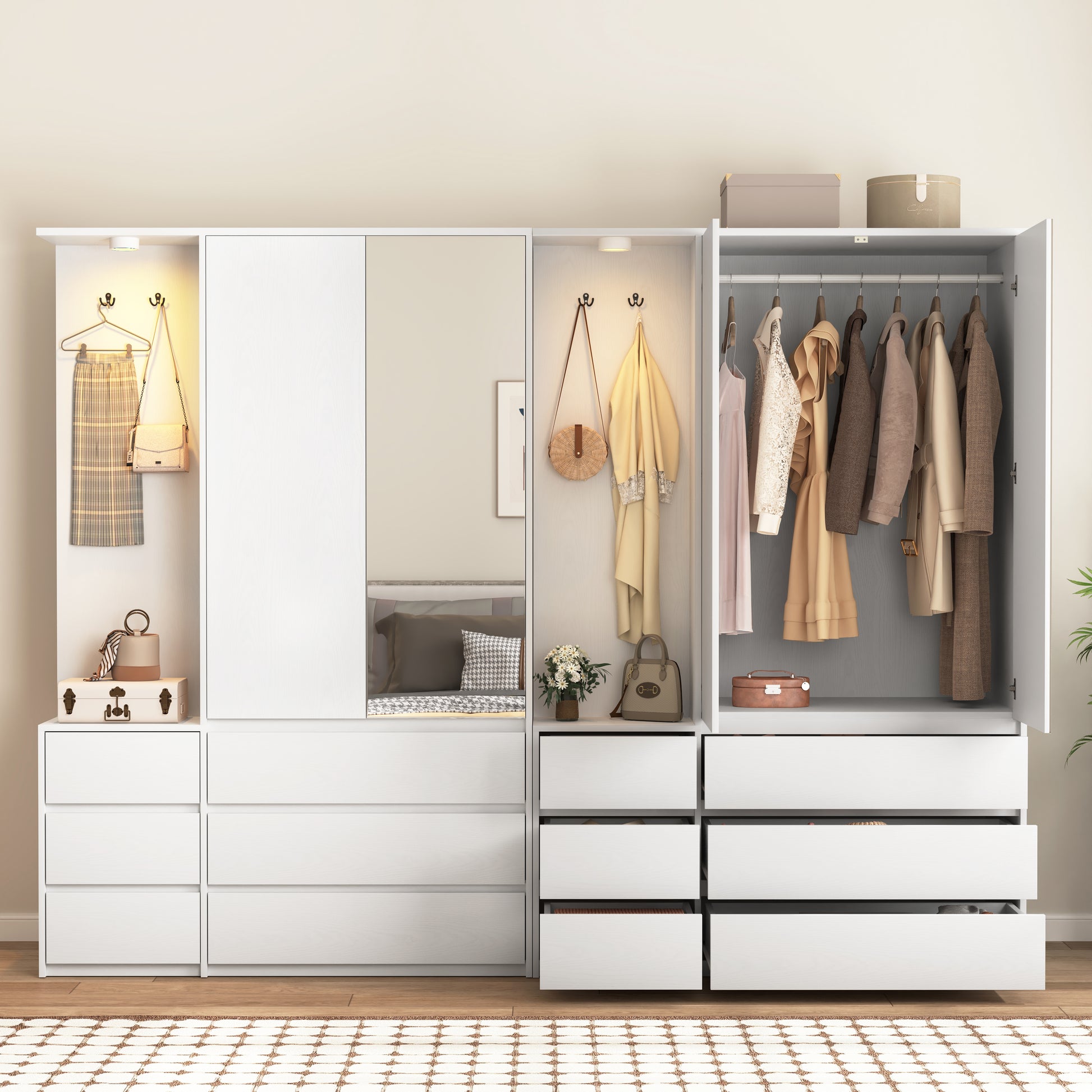 Wardrobe Closet 71.7" H, Bedroom Wooden Wardrobe with 2 Doors 6 Drawers, Modern Clothing Storage Cabinet Combination with Storage Shelves and Hanging Rail, White image 2