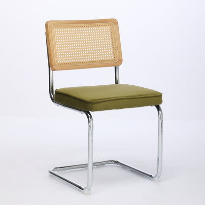 Mid Century Modern Dining Chairs Set of 2, Velvet Accent Chairs with Natural Cane Back & Stainless Chrome Base, Famous Breuer Designed Chairs, Upholstered Rattan Kitchen Chairs,Olive-Green image 3