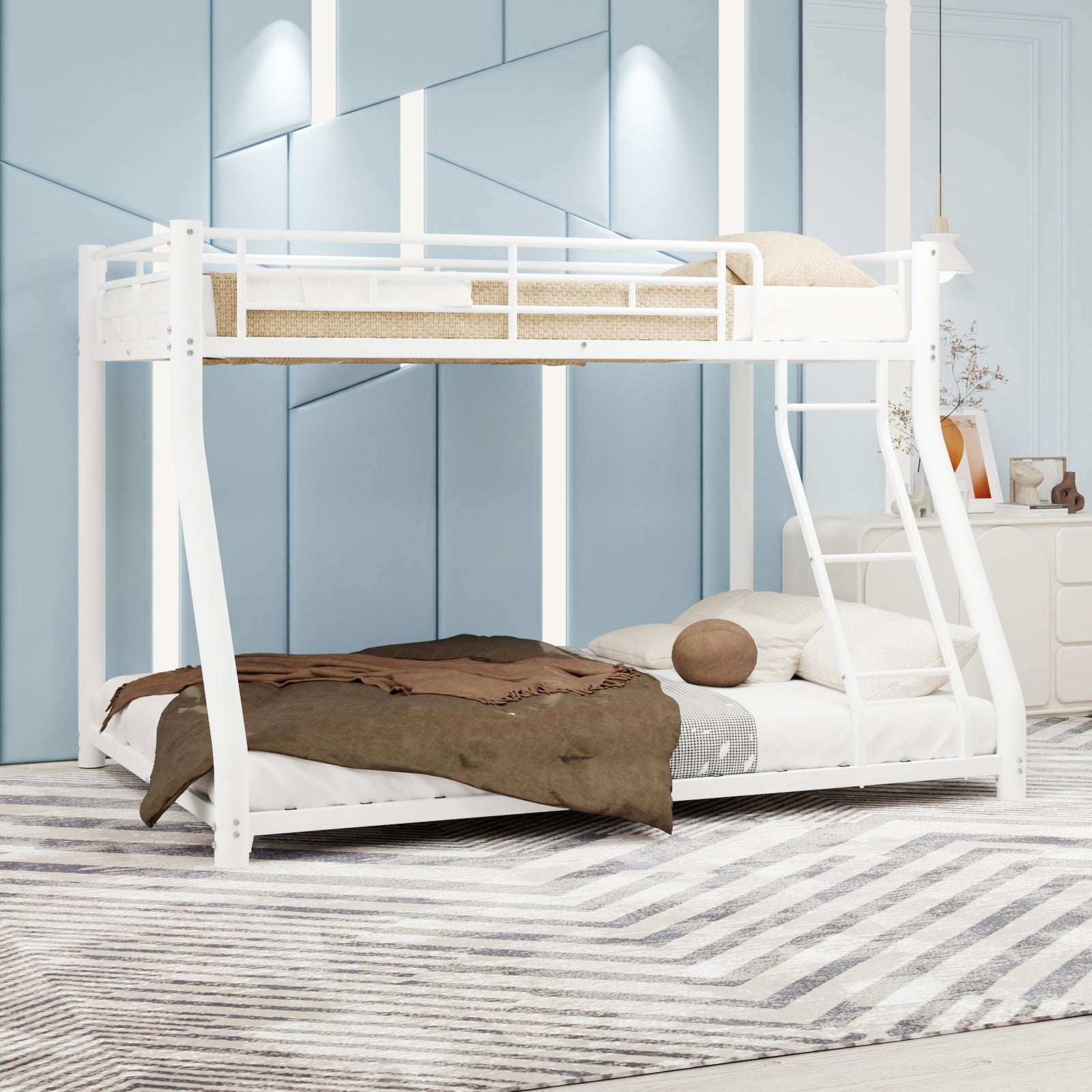 Metal Bunk Bed Twin Over Full Size with Removable Stairs, Heavy Duty Sturdy Frame with 12" Under-Bed Storage for Teen & Adults, Teens, No Box Spring Needed, White image 8