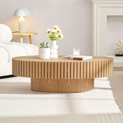 Modern Handcraft Drum Coffee Table Length 43.7 inch Ellipse Coffee Table for Living Room,Oval Small Coffee Table with Sturdy Pedestal,Natural Ash MDF,W2582P251207 image 5