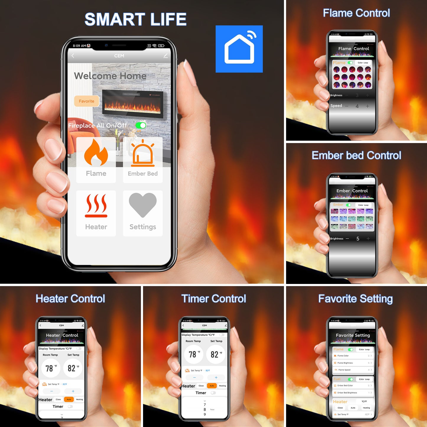 Smart 50" WiFi-Enabled Electric Fireplace Heater, Recessed in-Wall and Wall-Mounted image 6
