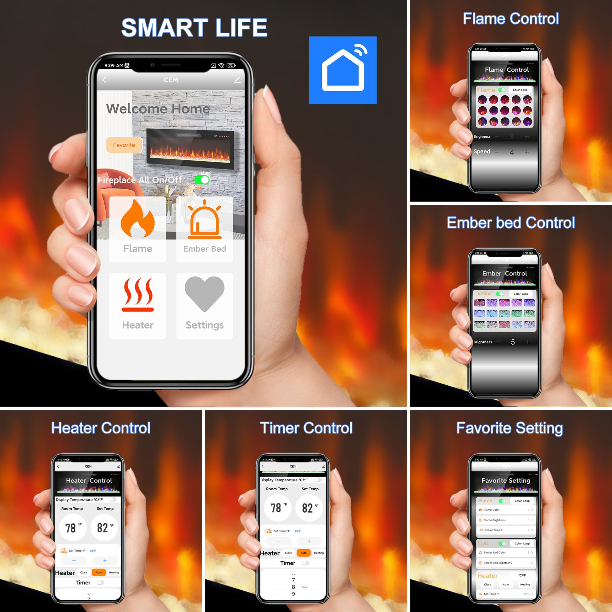 Smart 50" WiFi-Enabled Electric Fireplace Heater, Recessed in-Wall and Wall-Mounted image 6